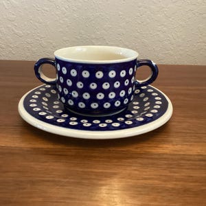 Boleslawiec Blue Peacock Hand Made in Poland Bouillon Cup with Saucer