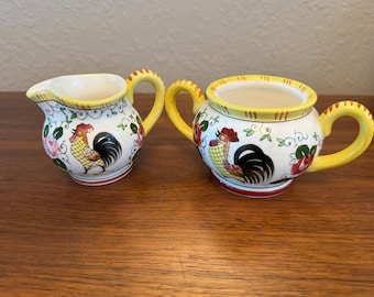 PY Osagco Japan- rooster and roses creamer and sugar bowl