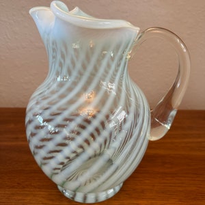 Fenton Spiral Optic Pattern White and Bluish Opalescent Swirl Pitcher 9.5”