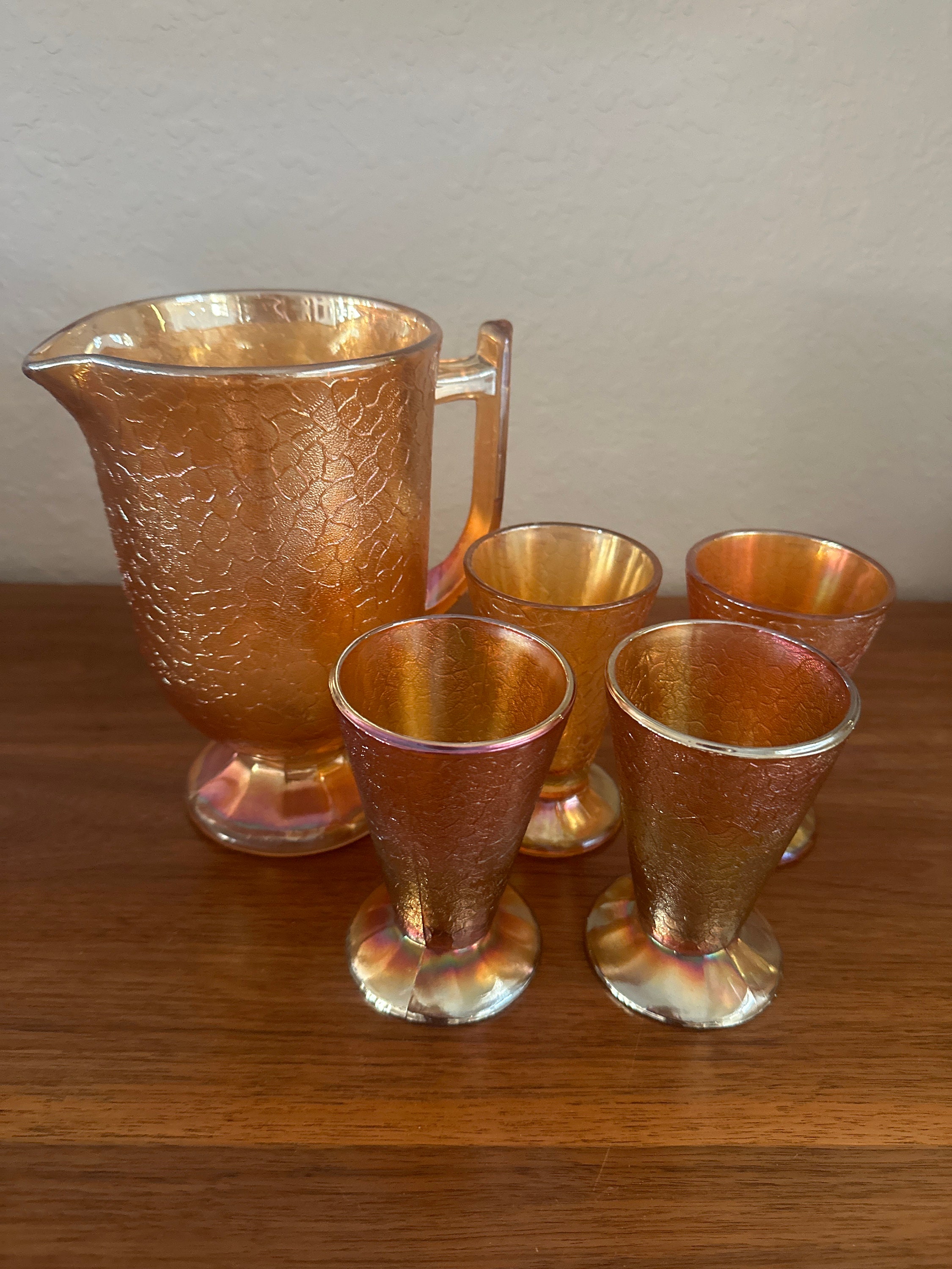 Jeanette Crackle Marigold Carnival Pitcher & 4 Glasses Set - Etsy