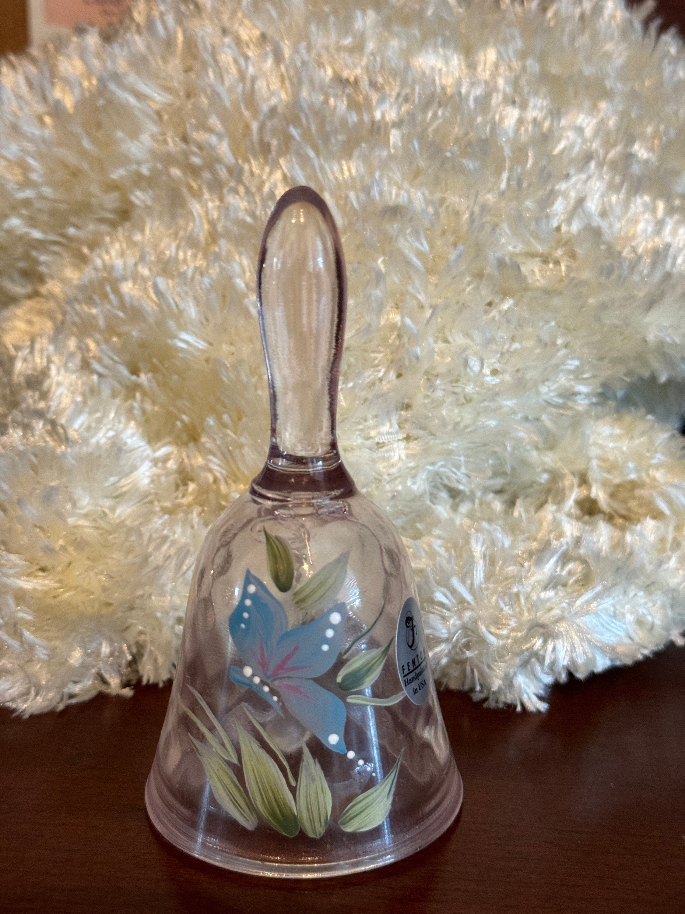Fenton Bell Pink Glass Blue Flower