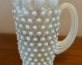 Fenton Hobnail French Opalescent Pitcher with Hand Blown Handle 8”