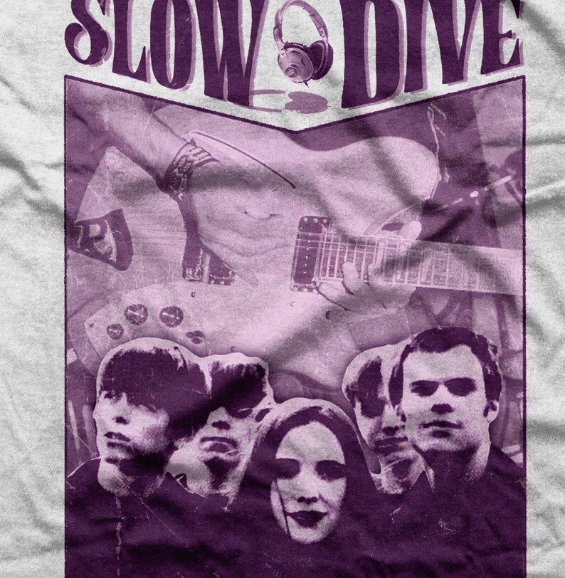May include: A purple and white graphic t-shirt featuring the band Slowdive with a guitar and headphones. The band members are pictured in a vintage style.