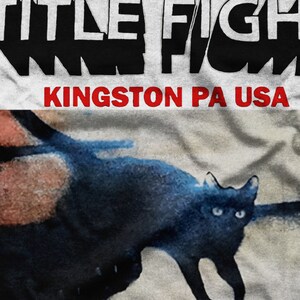 Pu&ograve; includere: Un gatto nero con gli occhi verdi cammina su una superficie bianca. Il testo "TITLE FIGHT KINGSTON PA USA" &egrave; stampato in nero e rosso sulla superficie.
