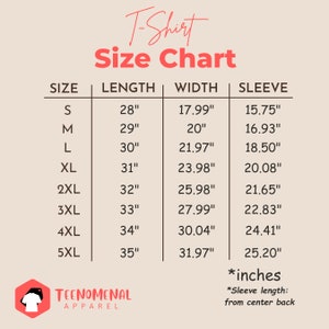 Puede incluir: Tabla de tallas de camiseta con medidas en pulgadas para las tallas S a 5XL. La tabla muestra la longitud, el ancho y la longitud de la manga.