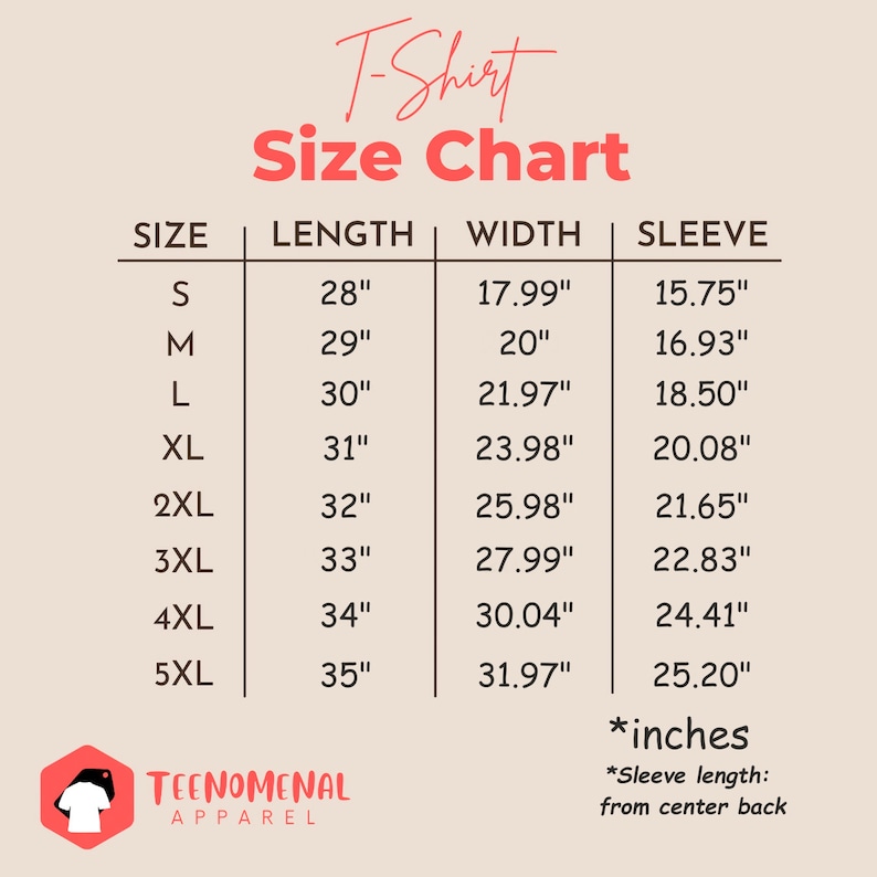 Puede incluir: Tabla de tallas de camiseta con medidas en pulgadas para las tallas S a 5XL. La tabla muestra la longitud, el ancho y la longitud de la manga.