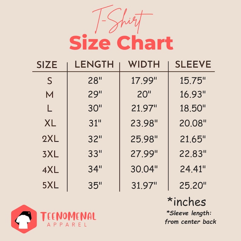 May include: T-shirt size chart with measurements in inches for sizes S through 5XL. The chart shows length, width, and sleeve length for each size.