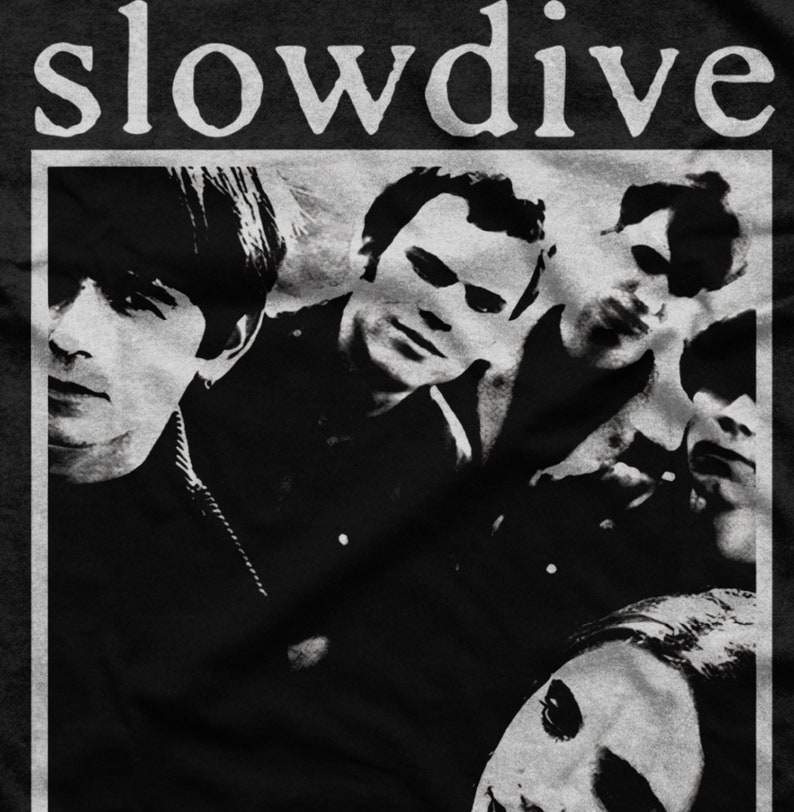 May include: Black and white photo of a band, "Slowdive", printed on a black t-shirt.