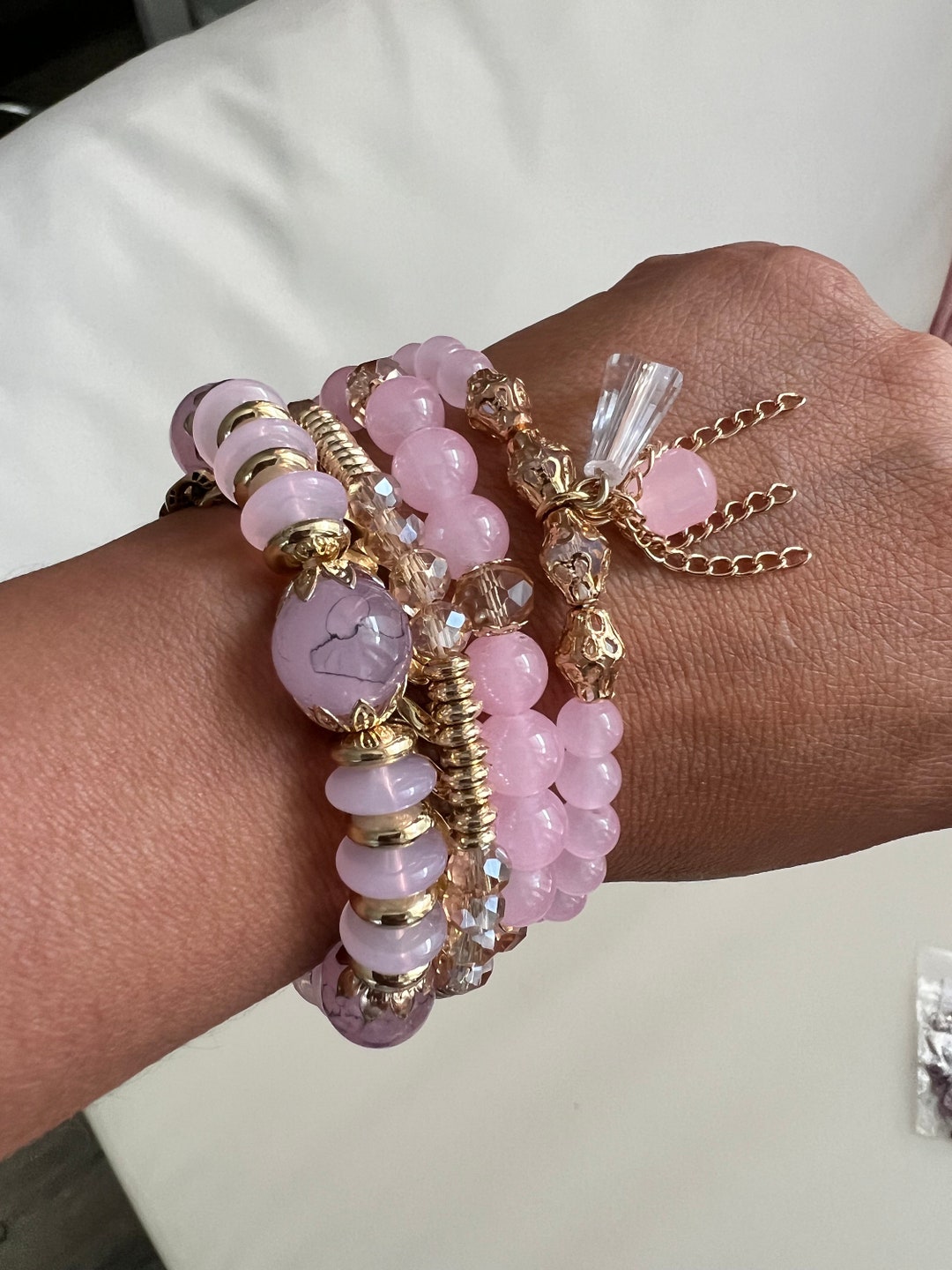 Pink Bead Bracelet Stack Set of Four Stretch Bead Bracelets for Her