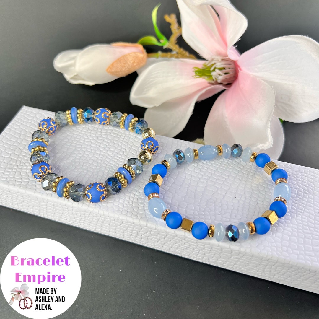 Bohemian Bracelet Set, 2 Bracelets per Set. Stack Stretch Blue Goldbead