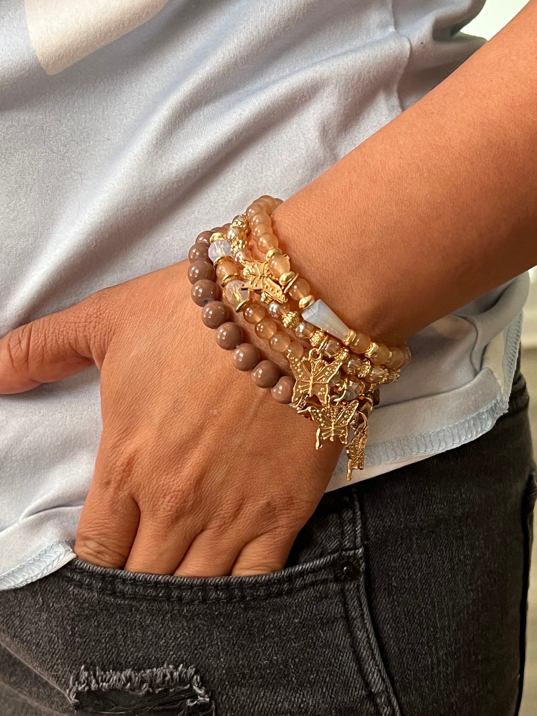 Brown Bead Bracelet Stack Set of Four Stretch Bead Bracelets for Her