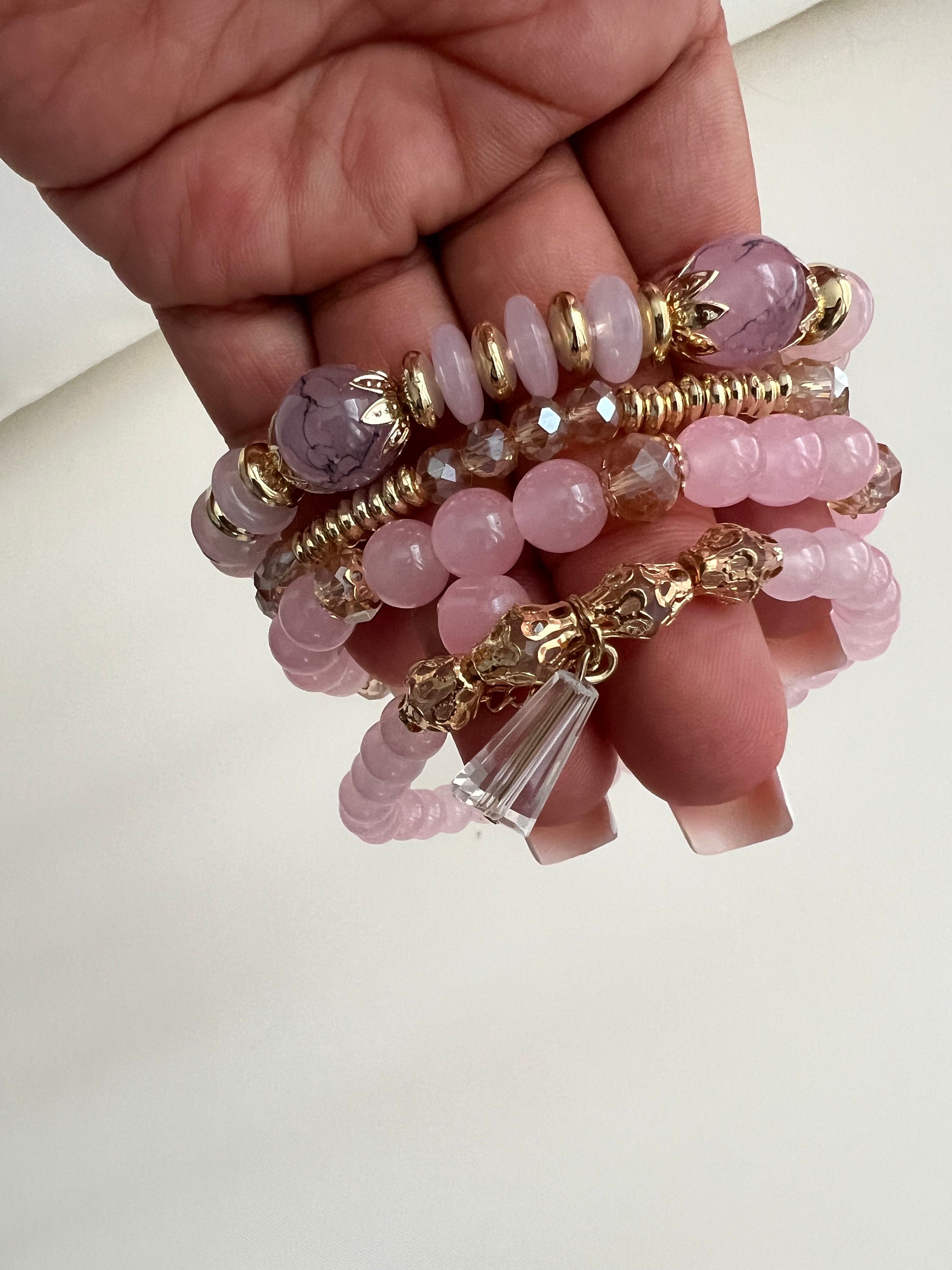 Pink Bead Bracelet Stack Set of Four Stretch Bead Bracelets for Her