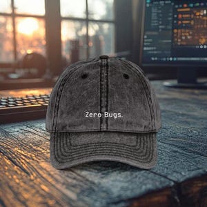 Peut inclure: Casquette de baseball grise avec le texte "Zero Bugs." La casquette a une visière incurvée et un aspect vintage vieilli. Le chapeau est fait d'une matière douce et usée.