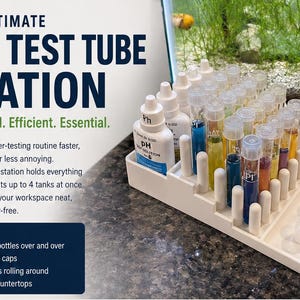 May include: A white tiered plastic test tube station holding multiple clear glass tubes filled with colorful liquid reagents and white dropper bottles. The text reads THE ULTIMATE API TEST TUBE STATION, Organized. Efficient. Essential., and NO MORE: Shaking bottles over and over, Scattered caps, Wet tubes rolling around, Messy countertops.