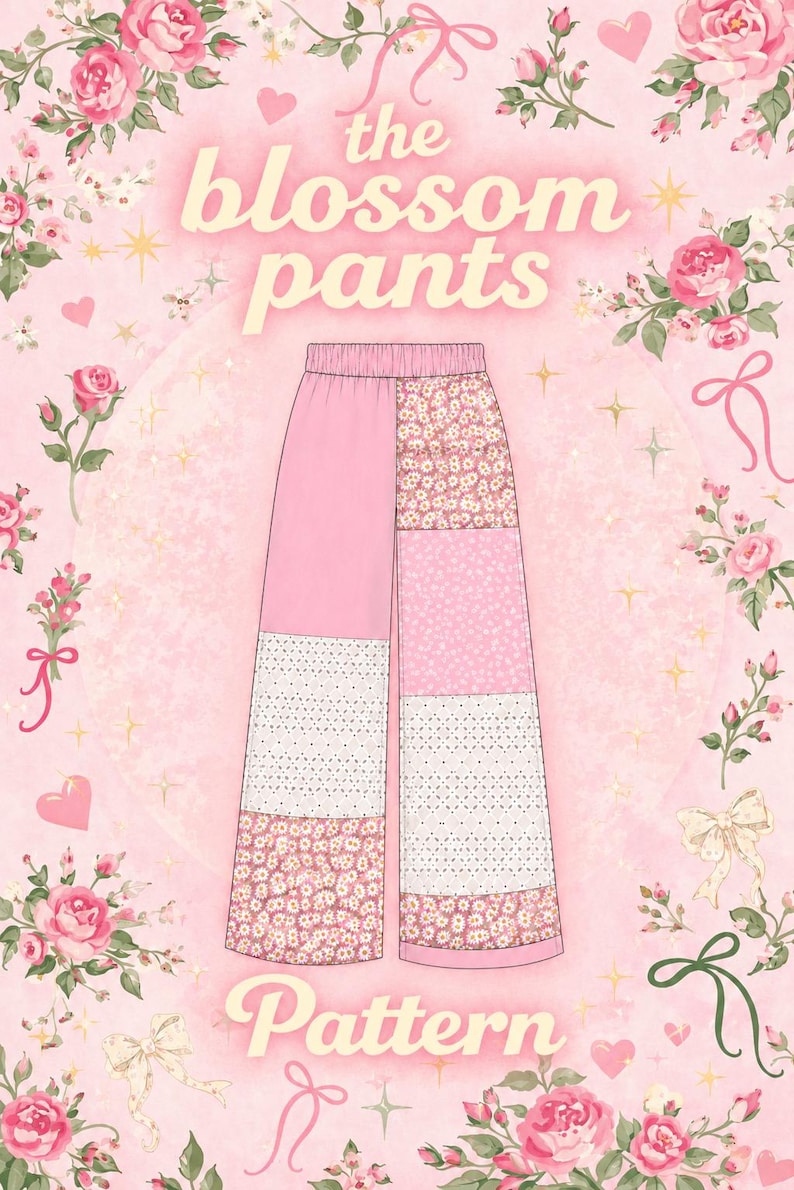 Puede incluir: El patr&oacute;n the blossom pants muestra un pantal&oacute;n de pierna ancha con un dise&ntilde;o de patchwork. El pantal&oacute;n est&aacute; compuesto por paneles alternos de tela rosa s&oacute;lida, tela blanca con peque&ntilde;os puntos negros y tela rosa con estampado floral.