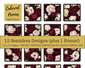 Peonies Digital Paper, Seamless Peonies Images, Peony Flowers, Floral Digital Images,Tiled Printable Paper, Scrapbooking, Jewelry Design