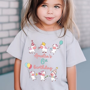 Custom Birthday Girl Shirt, Personalized Name Birthday T-Shirt, Cute Cow Custom Kids Birthday Shirt, Custom Gift for Birthday Party Shirt