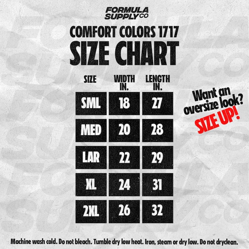 May include: Size chart for Comfort Colors 1717 clothing. The chart shows sizes from Small to 2XL with corresponding width and length measurements in inches.