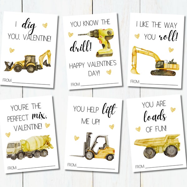 Printable Valentine's Day Cards for Kids | Tractor Valentine | School Valentine | Classroom Valentine's Day | Construction Valentine