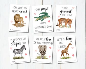 May include: Six printable Valentine's Day cards featuring jungle animals. The cards have a white background with black text and pink hearts. The animals include a lion, alligator, tiger, zebra, elephant, and giraffe.