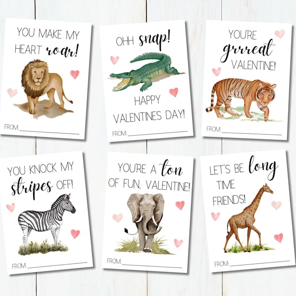 Printable Valentine's Day Cards for Kids | Zoo Animal Valentine | School Valentine | Classroom Valentine's Day | Safari Animal Valentine