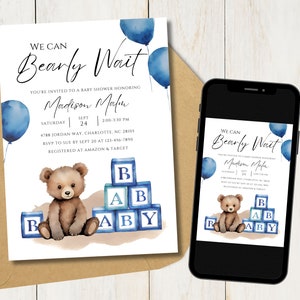 Baby Shower de oso de peluche editable / Es un niño / Invitación de baby shower imprimible / Baby Shower azul / Baby Shower de oso / Invitación de bloques de bebé