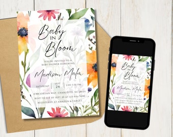 Invito per baby shower con fiori di campo: Baby in Bloom (modello digitale modificabile)