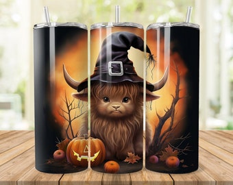 Highland Cow Witch Tumbler Wrap: Halloween 20oz Skinny Tumbler (PNG Digital Download)