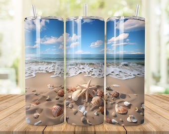 Ocean Beach Seashells Tumbler Sublimation Designs for for 20 oz Skinny/Straight Tumbler, Bundle of 2 png files