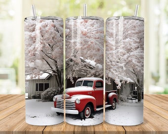Vintage Red Truck Snowy Cabin Tumbler Sublimation Design (Digital Download)