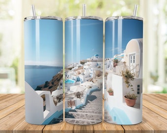 Watercolor Santorini Tumbler Wrap for 20 oz Skinny Tumbler Sublimation Design