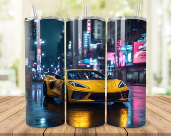 Yellow Corvette Tumbler Sublimation Design: 20oz Skinny Tumbler (PNG Digital Download)