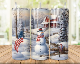 Patriotic Snowman Tumbler Sublimation Design: Farm Christmas (20 oz Skinny/Straight Tumbler) (PNG Files)