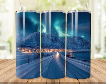 Northern Lights Norway Tumbler Sublimation Design: 20 oz Skinny Tumbler (PNG Digital Download)