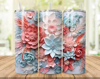 Tumbler Wrap floreale 3D: design a sublimazione per tumbler sottile da 20 oz (download digitale PNG)