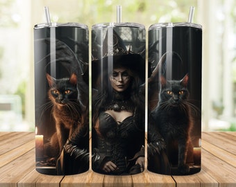 Witch with Cats Halloween Tumbler Wrap for 20 oz Straight  Tumbler Sublimation Design