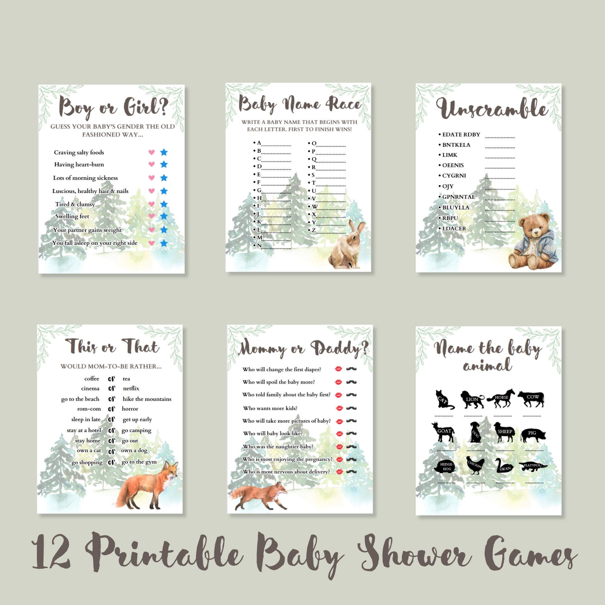 Printable Baby Shower Games Woodland Animals Baby Shower Activities