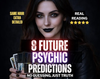 May include: A woman with dark hair and black lipstick holds tarot cards. Text on the image reads "8 FUTURE PSYCHIC PREDICTIONS" and "NO GUESSING, JUST TRUTH." Additional text states "SAME HOUR EXTRA DETAILED" and "REAL READING" with five stars.
