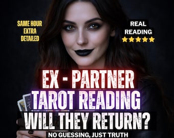 May include: An image featuring a woman with dark hair and black lipstick. Text overlay reads "EX - PARTNER TAROT READING WILL THEY RETURN?" with additional text "SAME HOUR EXTRA DETAILED" and "REAL READING" with five stars. The woman is holding tarot cards.