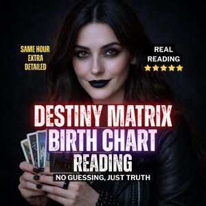 May include: Image featuring a woman with dark lipstick and long hair, holding tarot cards. Text overlay reads "DESTINY MATRIX BIRTH CHART READING" with additional text: "SAME HOUR EXTRA DETAILED" and "NO GUESSING, JUST TRUTH."