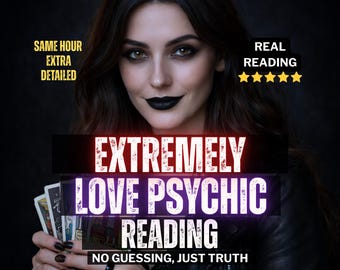 May include: An image featuring a woman with dark hair and black lipstick. Text overlays read "EXTREMELY LOVE PSYCHIC READING" and "NO GUESSING, JUST TRUTH." Additional text states "SAME HOUR EXTRA DETAILED" and "REAL READING" with five stars.