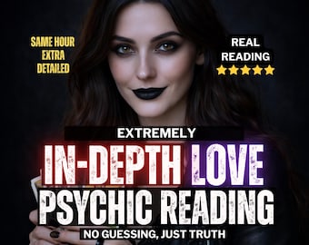 May include: An image promoting an "In-Depth Love Psychic Reading." The text includes "Same Hour Extra Detailed" and "Real Reading" with five stars. The image features a woman with dark hair and black lipstick.