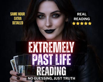 May include: An image featuring a woman with dark hair and black lipstick holding tarot cards. Text overlays read "EXTREMELY PAST LIFE READING" and "NO GUESSING, JUST TRUTH." Additional text states "SAME HOUR EXTRA DETAILED" and "REAL READING" with five stars.