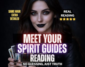 May include: An image promoting a spiritual reading service. The text reads "MEET YOUR SPIRIT GUIDES READING" and "NO GUESSING, JUST TRUTH". The image features a woman with dark lipstick holding tarot cards, with the words "SAME HOUR EXTRA DETAILED" and "REAL READING" displayed.