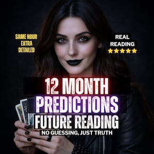 Puede incluir: Imagen de una mujer con cabello oscuro y lápiz labial negro sosteniendo cartas del tarot. Las superposiciones de texto dicen "12 MONTH PREDICTIONS FUTURE READING" y "NO GUESSING, JUST TRUTH". El texto adicional dice "SAME HOUR EXTRA DETAILED" y "REAL READING" con cinco estrellas.