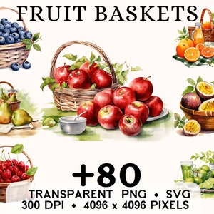 Clipart cesto di frutta, ClipArt di picnic con acquerello di frutta, design di tazza e maglietta con adesivo alimentare, download digitale, PNG stampabile e SVG