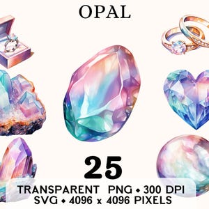 Könnte beinhalten: Ein Set mit 25 digitalen Illustrationen von Opalen in verschiedenen Formen und Größen. Die Illustrationen sind im Aquarellstil gehalten und zeigen eine Vielzahl von Farben, darunter Rosa, Blau, Grün und Lila. Die Illustrationen eignen sich perfekt für die Verwendung in Bastelprojekten, zum Scrapbooking oder für digitales Design.