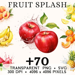 Fruits Splash Clipart, clipart aquarelle jus d'été en bonne santé, nourriture autocollant Mug et chemise Design, téléchargement numérique, PNG imprimable & SVG