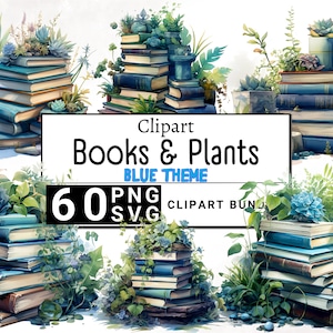 Books & Plants Clipart Bundle, Watercolor Fantasy Reading Lover, Blue Color Open Floral Watercolour Clip Art Theme, Pile Collection, SVG PNG