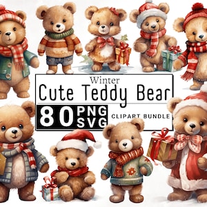 Clipart di un simpatico orsetto di peluche, acquerello di un orso di Natale, clipart di vacanze invernali, creazione di biglietti, download digitale di creazioni di carta, PNG e SVG stampabili
